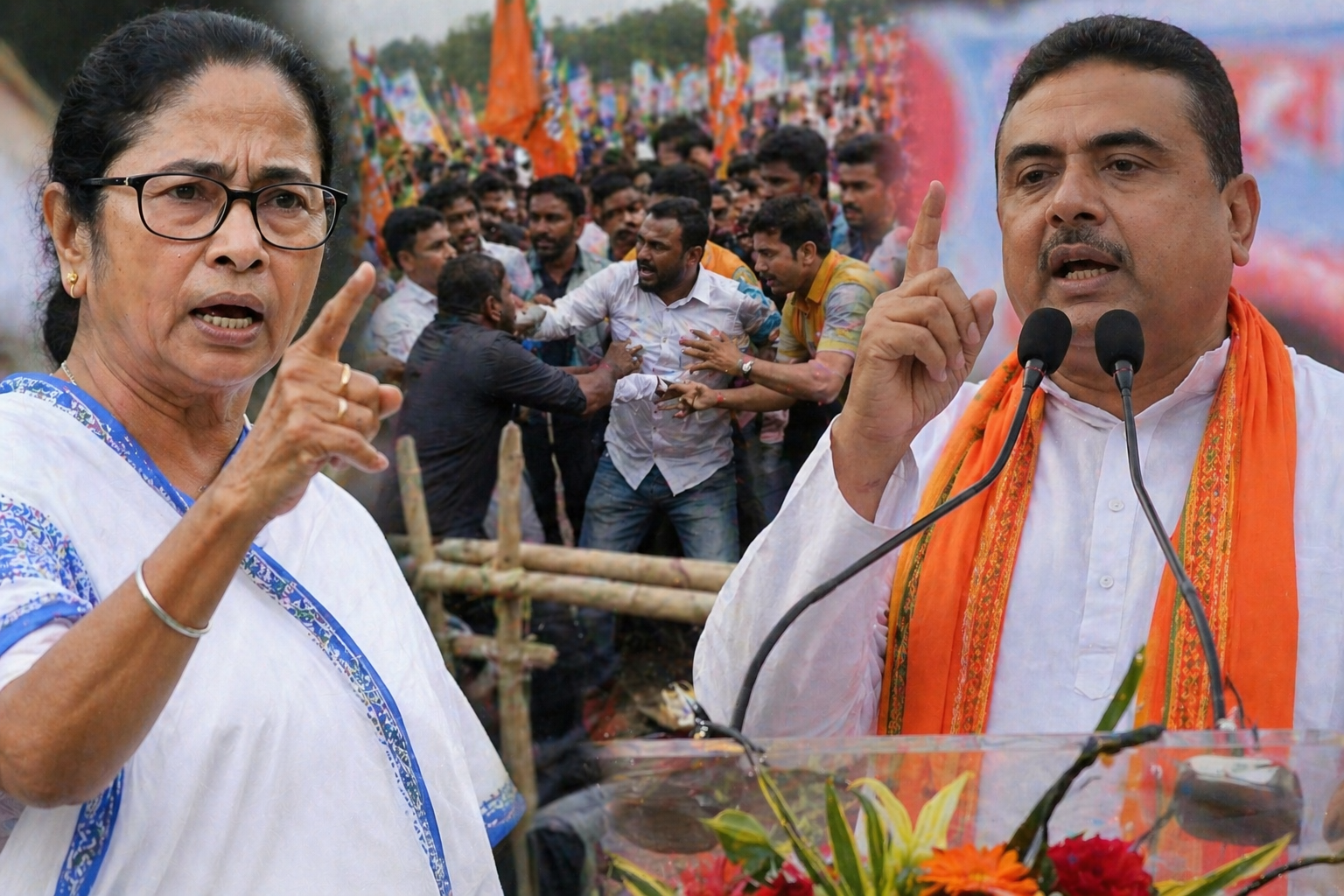 शुभेंदू अधिकारी यांच्या सभेत गोंधळ; ममता बॅनर्जी संतापल्या, राजकीय वातावरण तापले