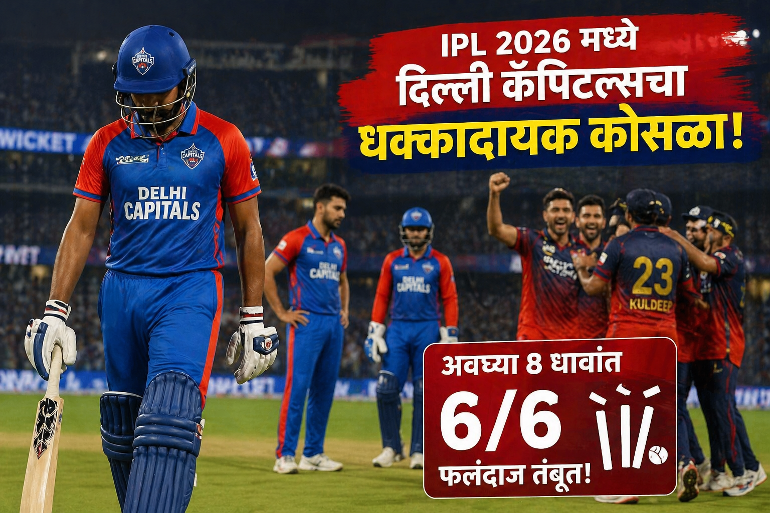 IPL 2026 मध्ये दिल्ली कॅपिटल्सचा धक्कादायक कोसळा; अवघ्या 8 धावांत 6 फलंदाज तंबूत!