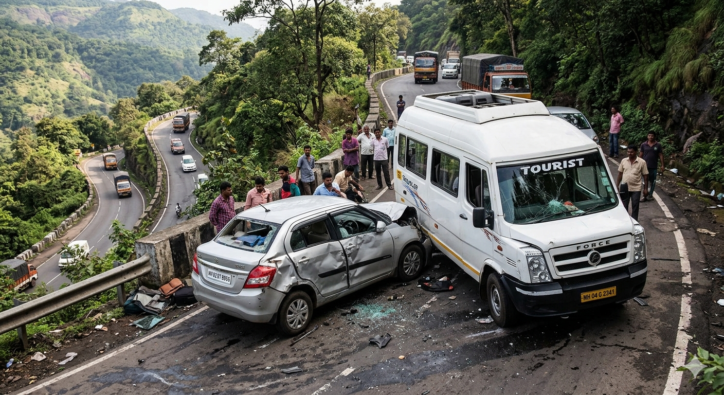 मुंबई-गोवा महामार्गावर थरार! भोस्ते घाटात ब्रेक फेल टेम्पो ट्रॅव्हलरची कारला जोरदार धडक