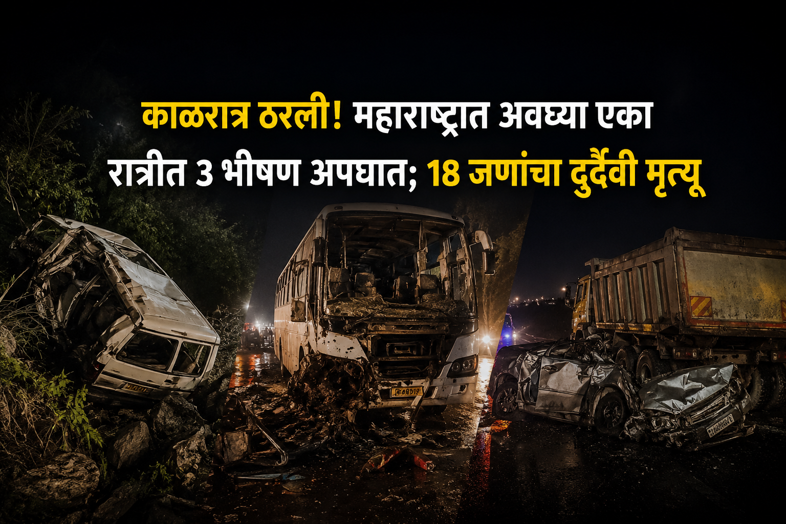 काळरात्र ठरली! महाराष्ट्रात अवघ्या एका रात्रीत 3 भीषण अपघात; 18 जणांचा दुर्दैवी मृत्यू