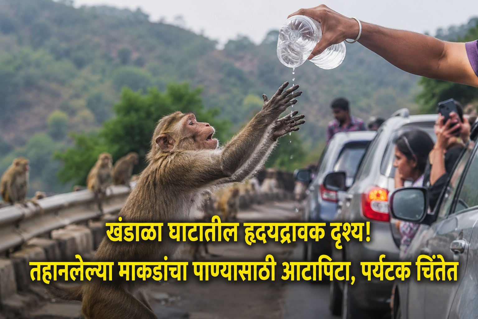 खंडाळा घाटातील हृदयद्रावक दृश्य! तहानलेल्या माकडांचा पाण्यासाठी आटापिटा, पर्यटक चिंतेत