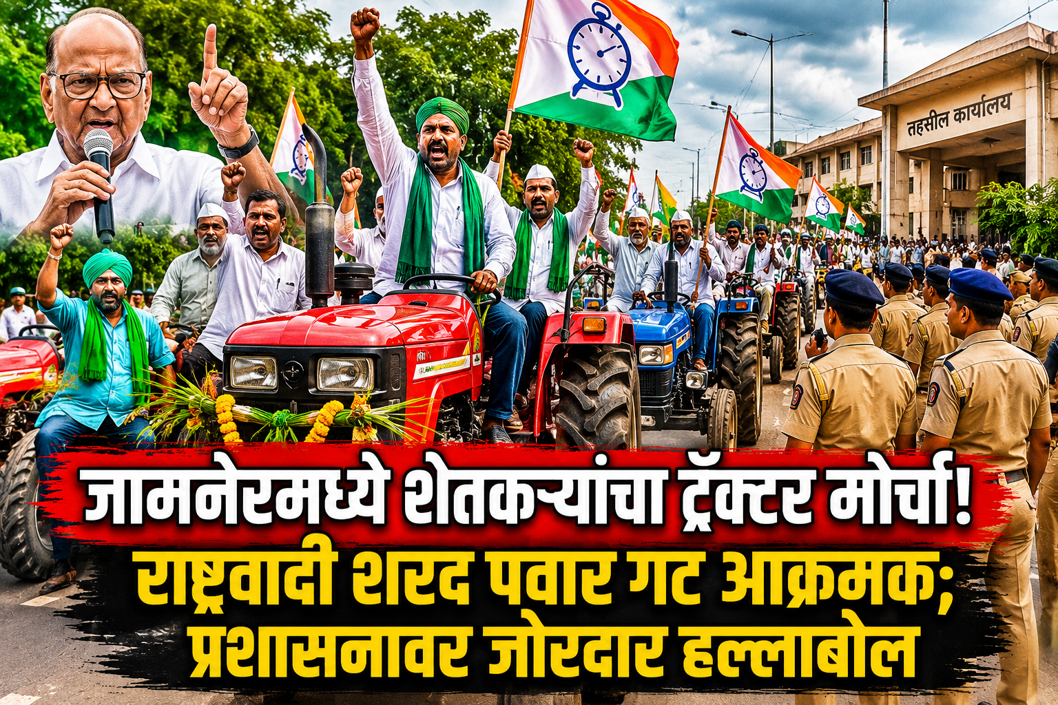 जामनेरमध्ये शेतकऱ्यांचा ट्रॅक्टर मोर्चा! राष्ट्रवादी शरद पवार गट आक्रमक; प्रशासनावर जोरदार हल्लाबोल