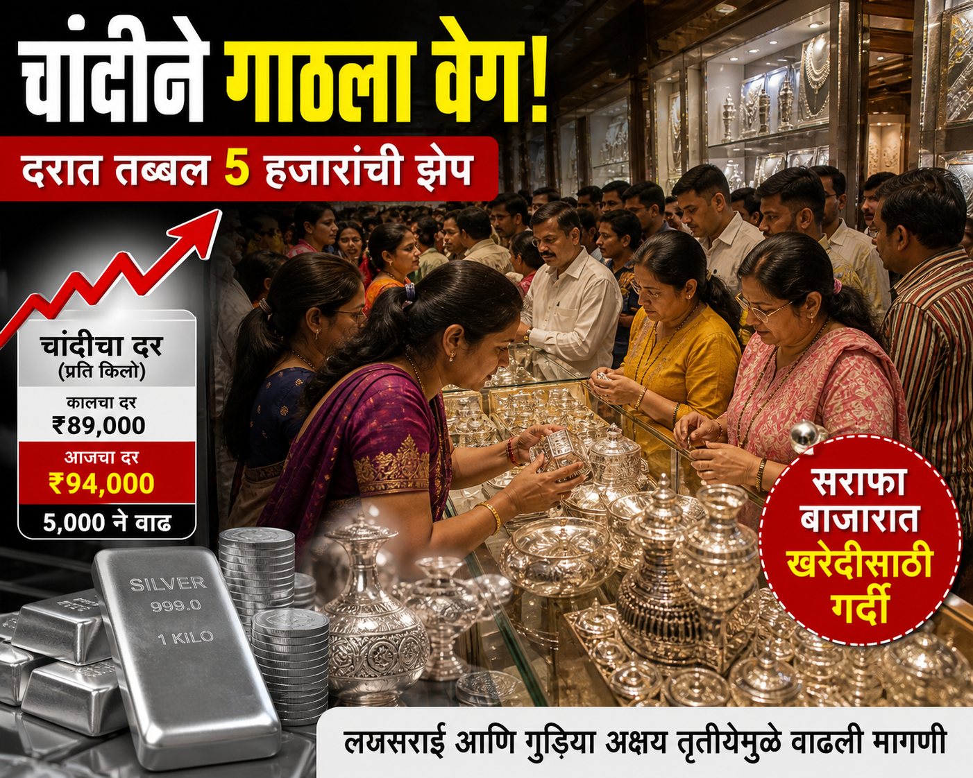 चांदीने गाठला वेग! दरात तब्बल 5 हजारांची झेप, सराफा बाजारात खरेदीसाठी गर्दी