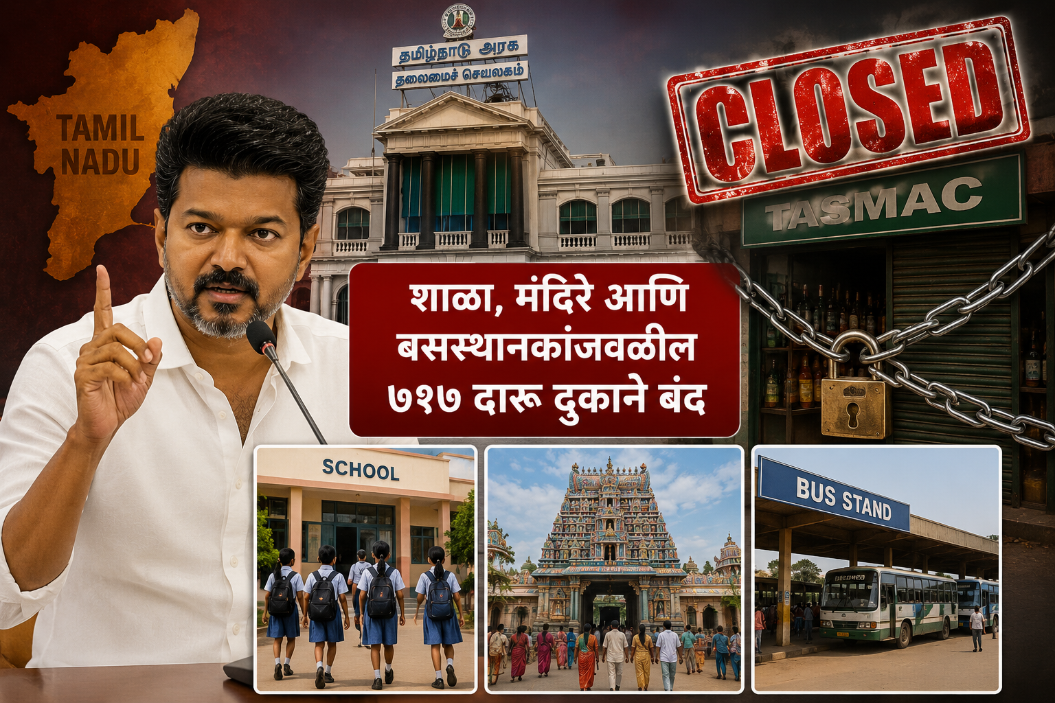 तमिळनाडूमध्ये मुख्यमंत्री विजय यांचा मोठा निर्णय; शाळा, मंदिरे आणि बसस्थानकांजवळील ७१७ दारू दुकाने बंद