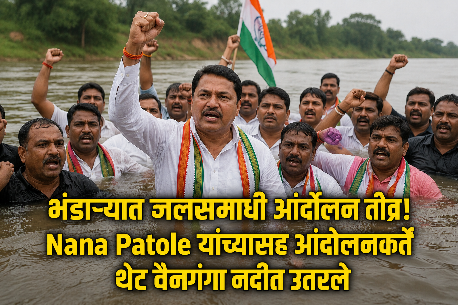 भंडाऱ्यात जलसमाधी आंदोलन तीव्र! Nana Patole यांच्यासह आंदोलनकर्ते थेट वैनगंगा नदीत उतरले