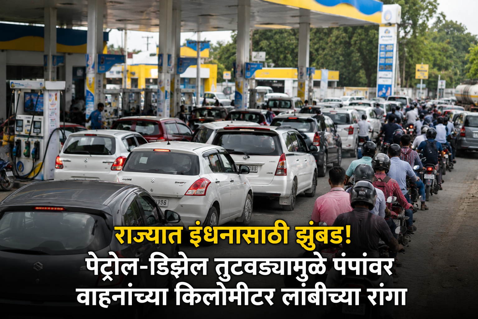 राज्यात इंधनासाठी झुंबड! पेट्रोल-डिझेल तुटवड्यामुळे पंपांवर वाहनांच्या किलोमीटर लांबीच्या रांगा