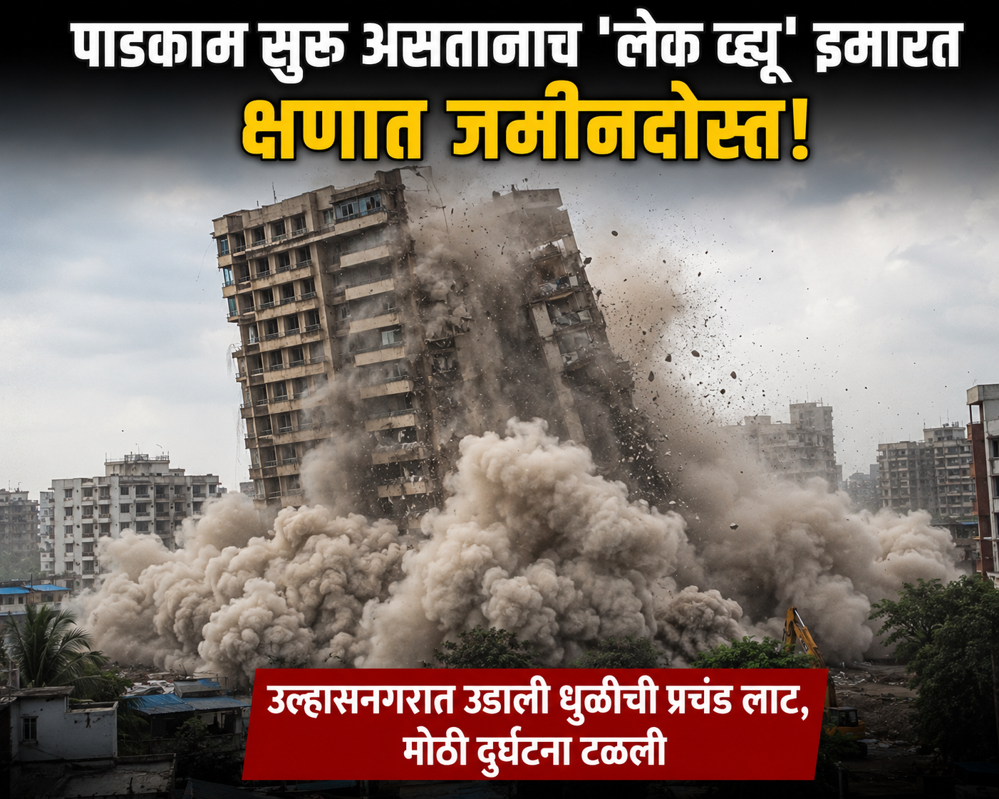 पाडकाम सुरू असतानाच ‘लेक व्ह्यू’ इमारत क्षणात जमीनदोस्त! उल्हासनगरात उडाली धुळीची प्रचंड लाट, मोठी दुर्घटना टळली