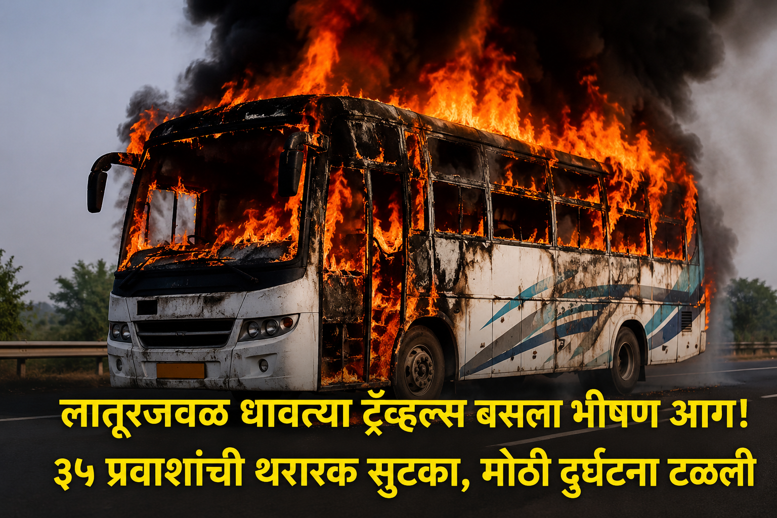 लातूरजवळ धावत्या ट्रॅव्हल्स बसला भीषण आग! ३५ प्रवाशांची थरारक सुटका, मोठी दुर्घटना टळली